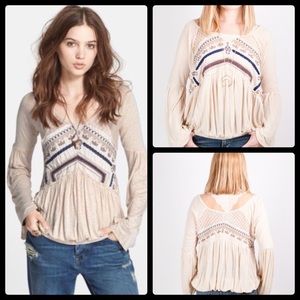 FREE PEOPLE Embroidered Crochet Boho Top
